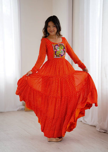 Orange Premium Laheriya Print Pure Fox Georgette Anarkali Gown with Gamthi Work ClothsVilla
