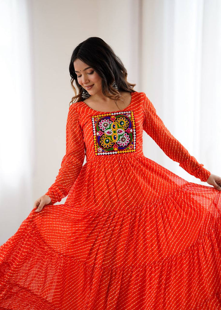 Orange Premium Laheriya Print Pure Fox Georgette Anarkali Gown with Gamthi Work ClothsVilla