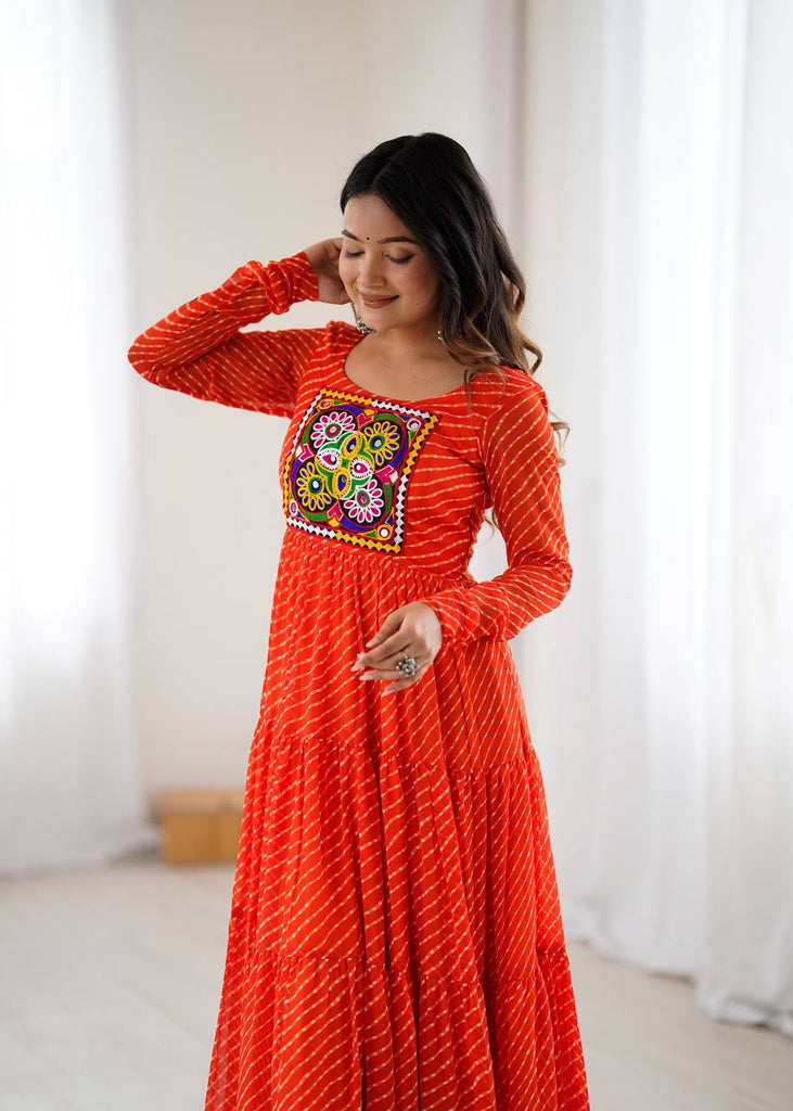 Orange Premium Laheriya Print Pure Fox Georgette Anarkali Gown with Gamthi Work ClothsVilla