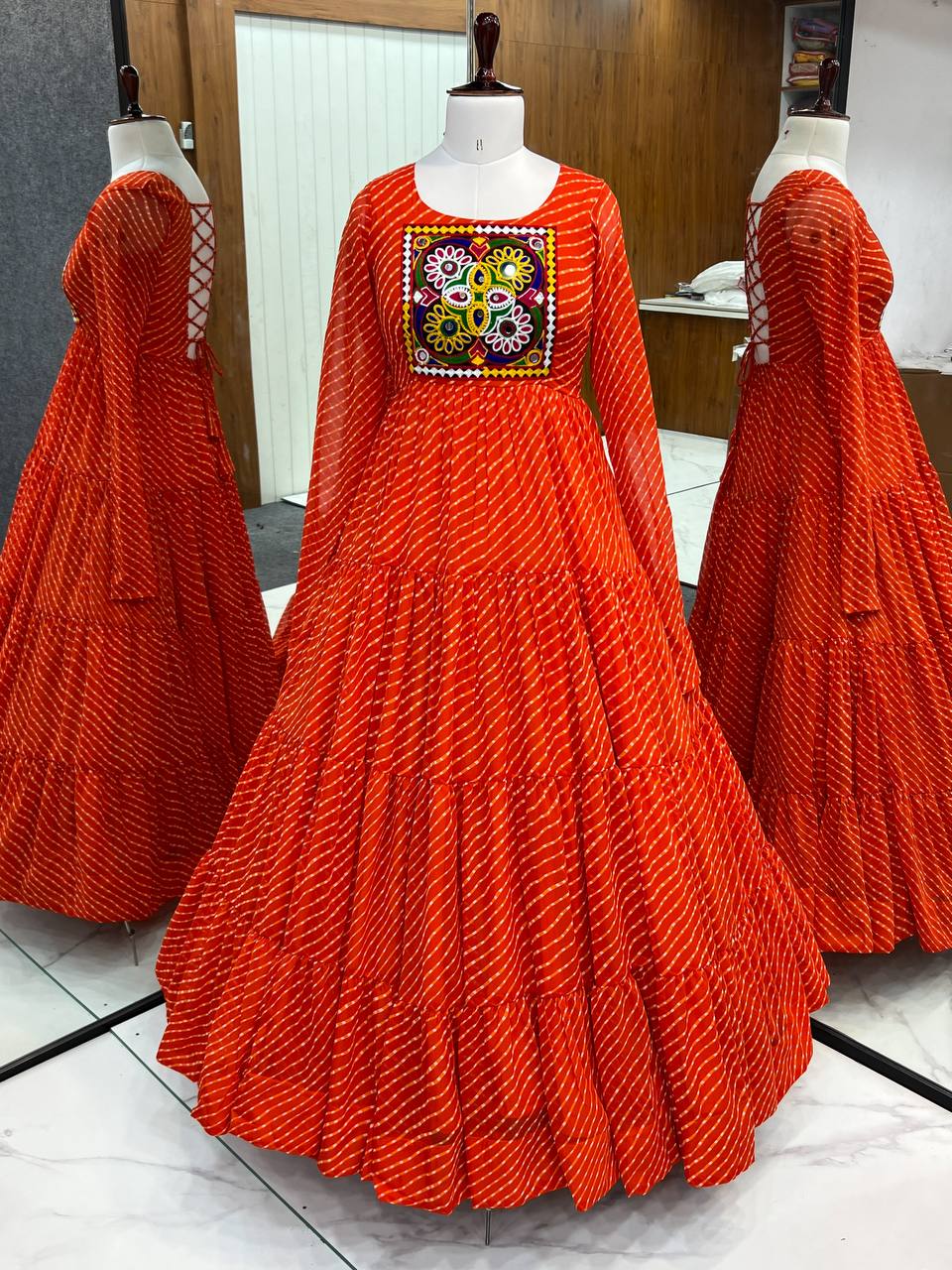 Orange Premium Laheriya Print Pure Fox Georgette Anarkali Gown with Gamthi Work ClothsVilla