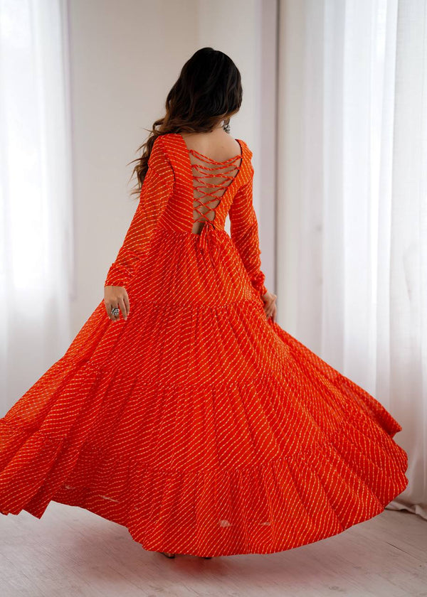 Orange Premium Laheriya Print Pure Fox Georgette Anarkali Gown with Gamthi Work ClothsVilla