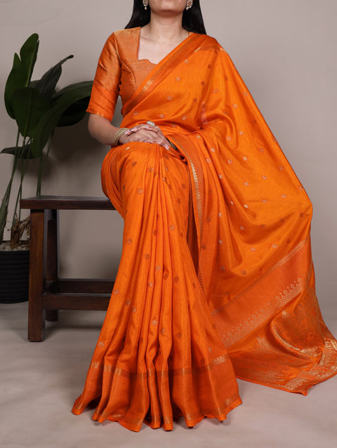 Orange Premium Roop Silk Saree with Zari Weaving Work & Unstitched Blouse – 5.5 Meter Traditional Silk Saree ClothsVilla Main image