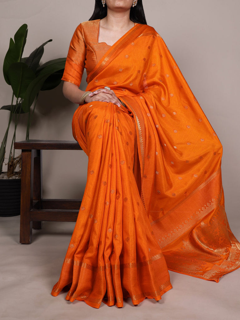 Orange Premium Roop Silk Saree with Zari Weaving Work & Unstitched Blouse – 5.5 Meter Traditional Silk Saree ClothsVilla