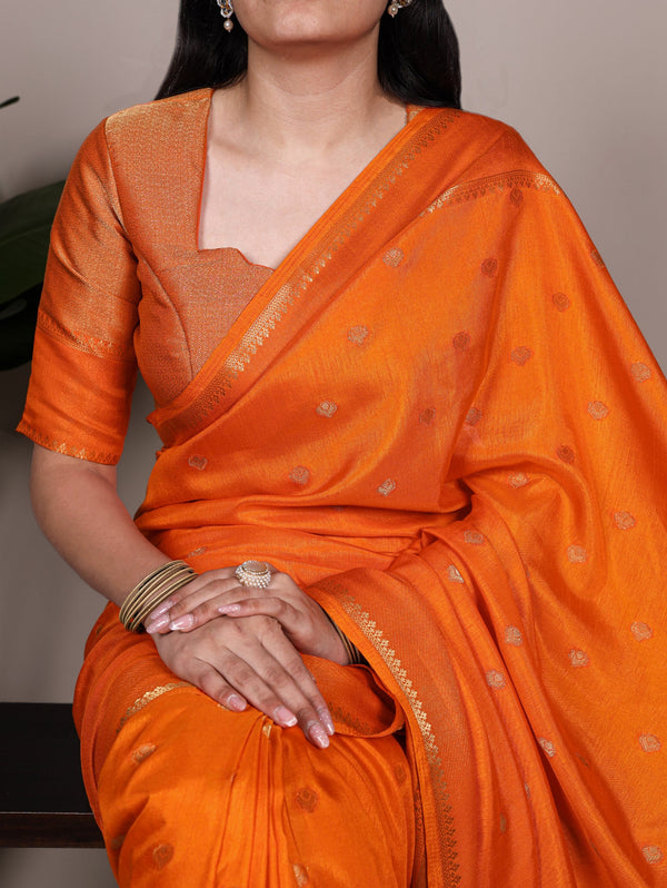 Orange Premium Roop Silk Saree with Zari Weaving Work & Unstitched Blouse – 5.5 Meter Traditional Silk Saree ClothsVilla