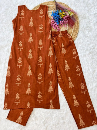 Orange Printed Cotton Kurti Pant Set ClothsVilla
