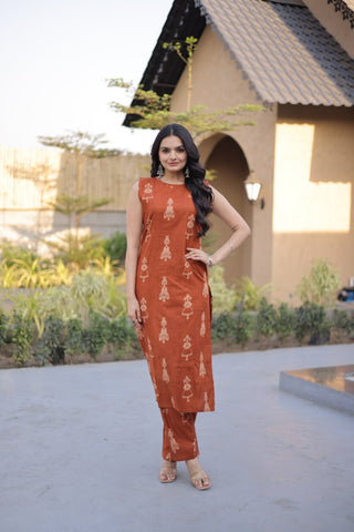 Orange Printed Cotton Kurti Pant Set ClothsVilla