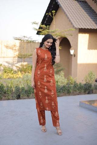 Orange Printed Cotton Kurti Pant Set ClothsVilla