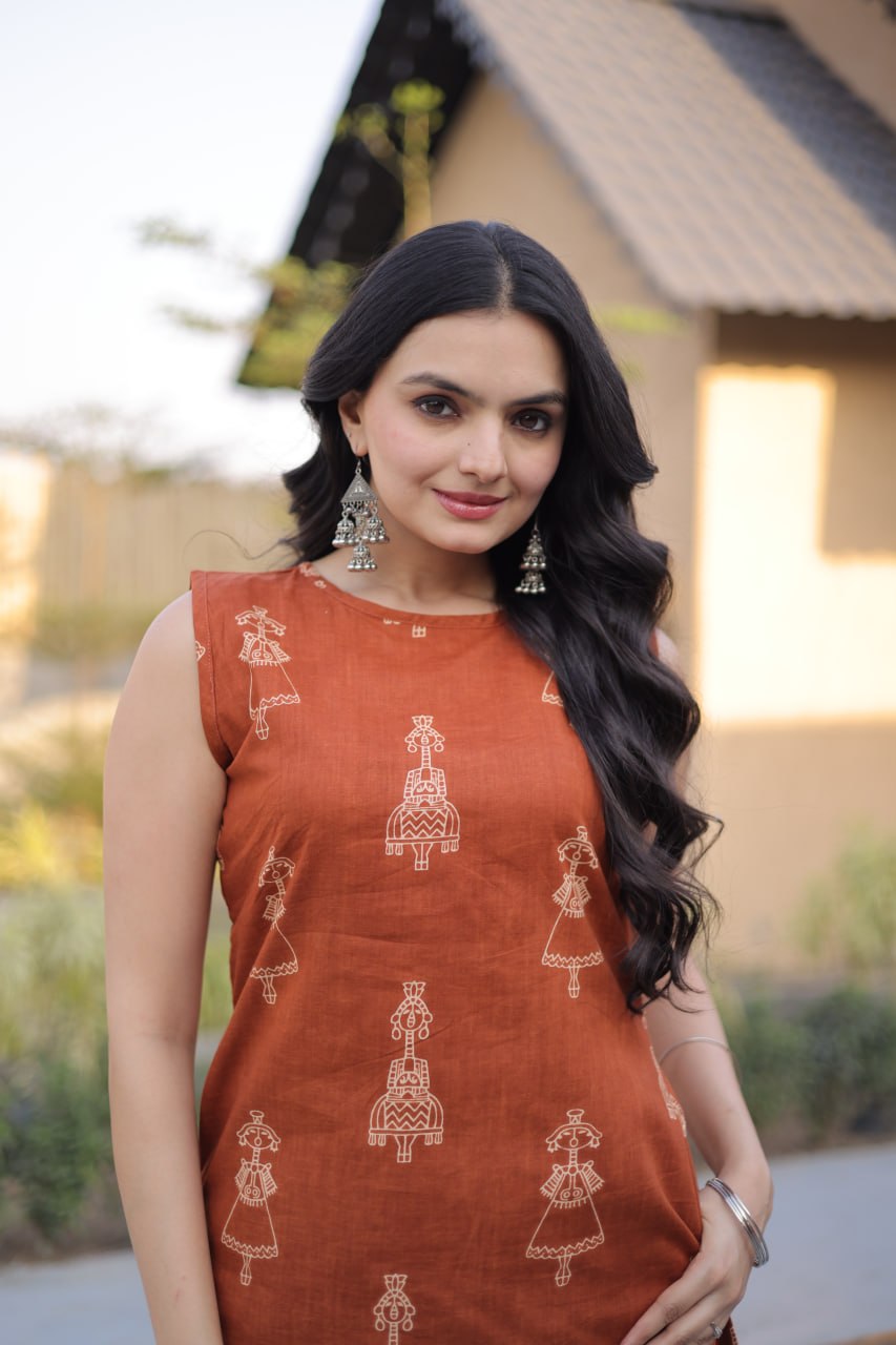 Orange Printed Cotton Kurti Pant Set ClothsVilla