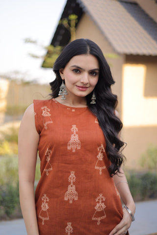 Orange Printed Cotton Kurti Pant Set ClothsVilla