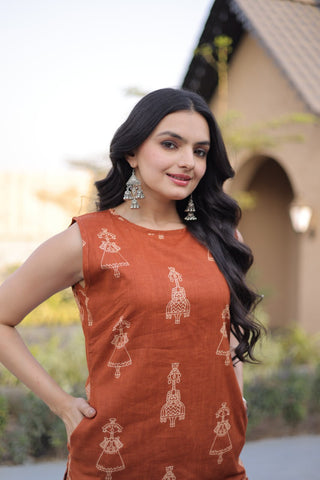 Orange Printed Cotton Kurti Pant Set ClothsVilla