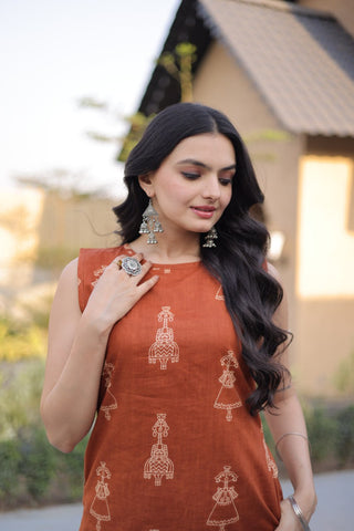 Orange Printed Cotton Kurti Pant Set ClothsVilla