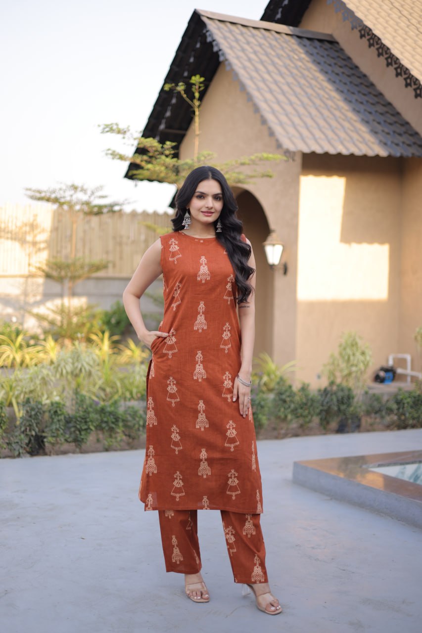 Orange Printed Cotton Kurti Pant Set ClothsVilla