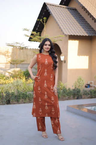 Orange Printed Cotton Kurti Pant Set ClothsVilla