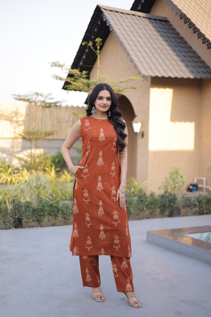 Orange Printed Cotton Kurti Pant Set ClothsVilla