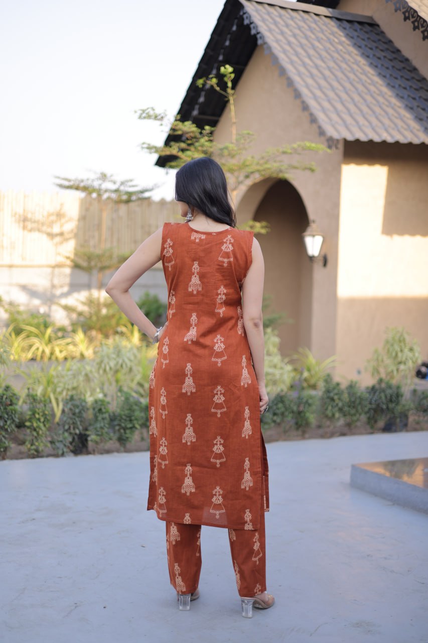 Orange Printed Cotton Kurti Pant Set ClothsVilla