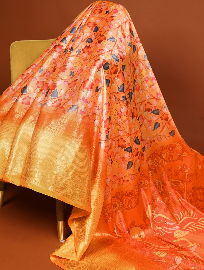 Orange Printed Dola Silk Saree Set for Weddings & Special Occasions ClothsVilla