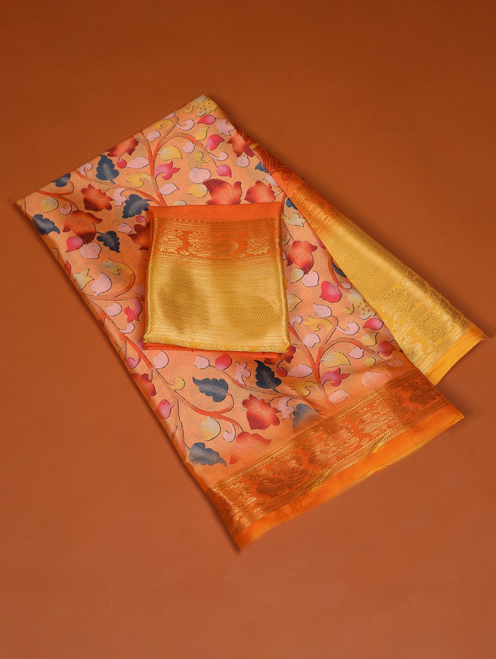 Orange Printed Dola Silk Saree Set for Weddings & Special Occasions ClothsVilla