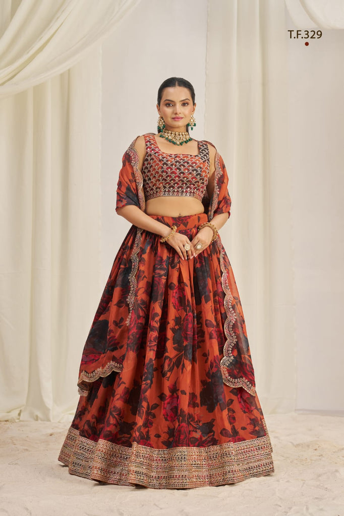 Orange Printed Organza Semi-Stitch Lehenga Choli with Zari, Dori, and Sequins Work ClothsVilla