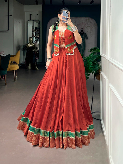 Orange Pure Chanderi Lehenga with Jacket ClothsVilla Main image