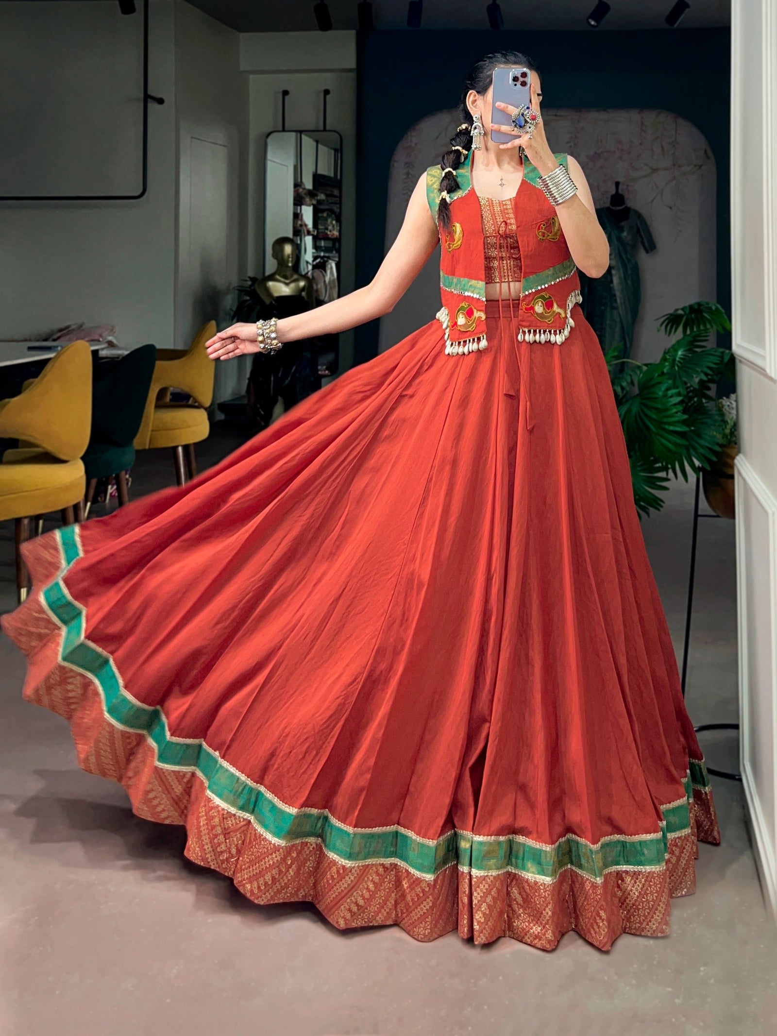 Orange Pure Chanderi Lehenga with Jacket ClothsVilla