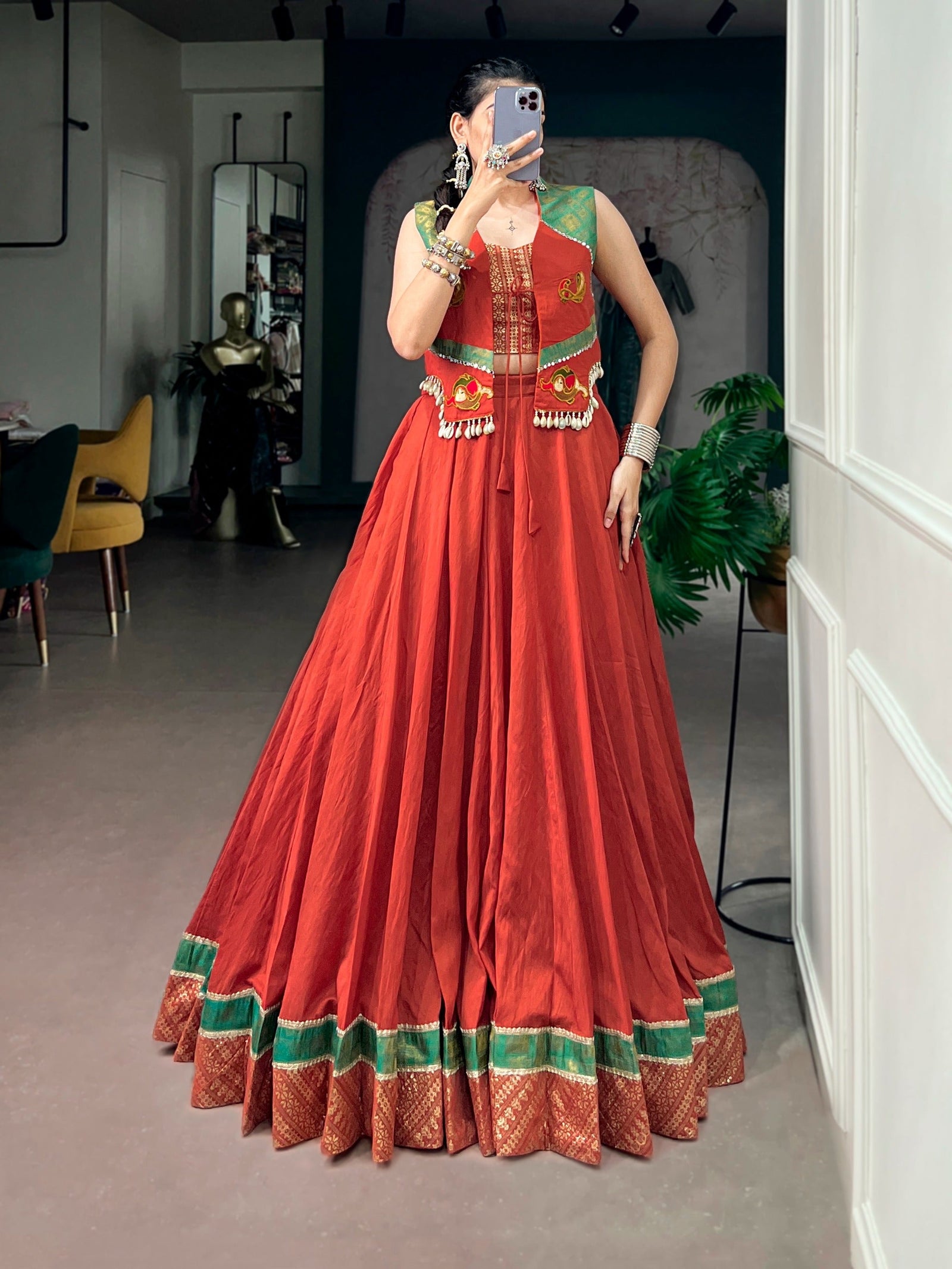 Orange Pure Chanderi Lehenga with Jacket ClothsVilla