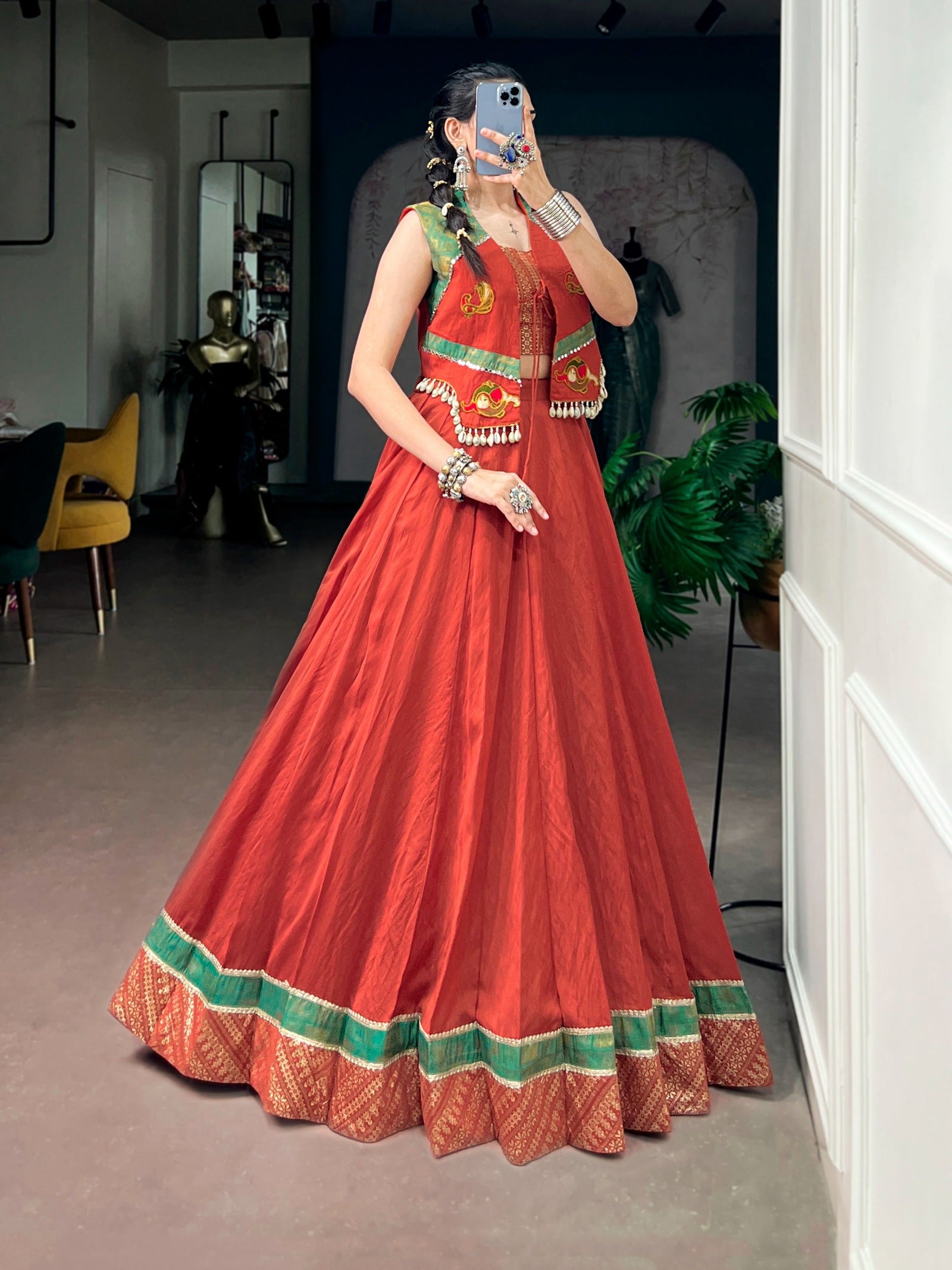 Orange Pure Chanderi Lehenga with Jacket ClothsVilla