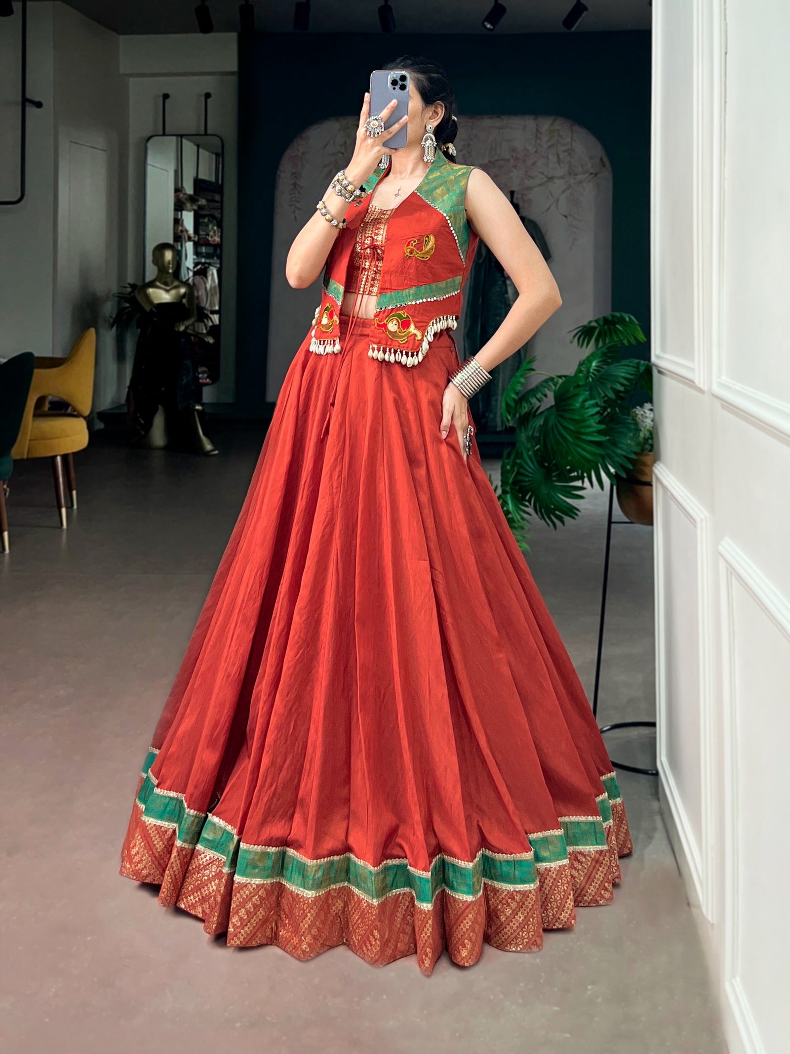 Orange Pure Chanderi Lehenga with Jacket ClothsVilla