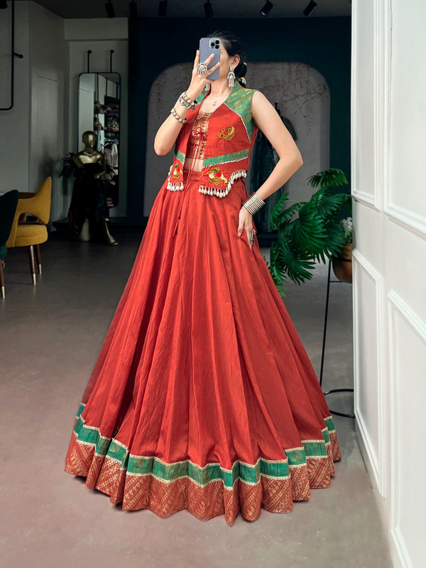 Orange Pure Chanderi Lehenga with Jacket ClothsVilla