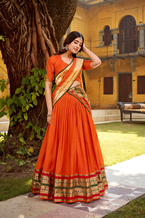 Orange Pure Chanderi Zari Weaving Lehenga Choli Set with Gotta Patti Detailing & Matching Dupatta – 4-Meter Flair Fully Stitched Ethnic Wear ClothsVilla Main image