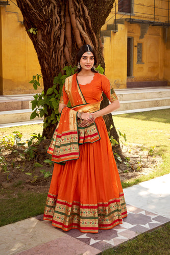 Orange Pure Chanderi Zari Weaving Lehenga Choli Set with Gotta Patti Detailing & Matching Dupatta – 4-Meter Flair Fully Stitched Ethnic Wear ClothsVilla