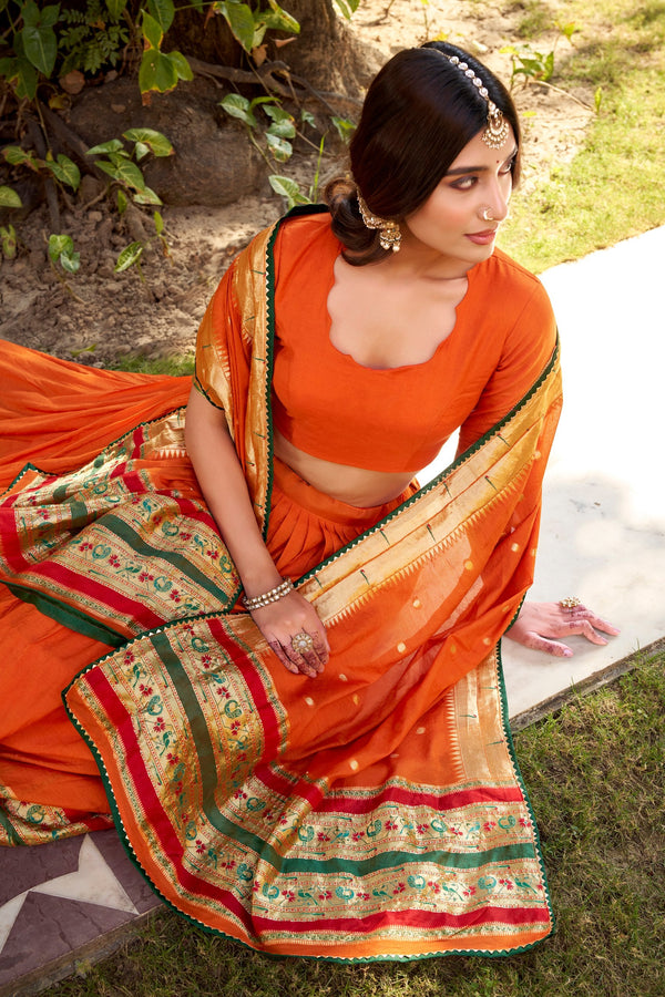 Orange Pure Chanderi Zari Weaving Lehenga Choli Set with Gotta Patti Detailing & Matching Dupatta – 4-Meter Flair Fully Stitched Ethnic Wear ClothsVilla