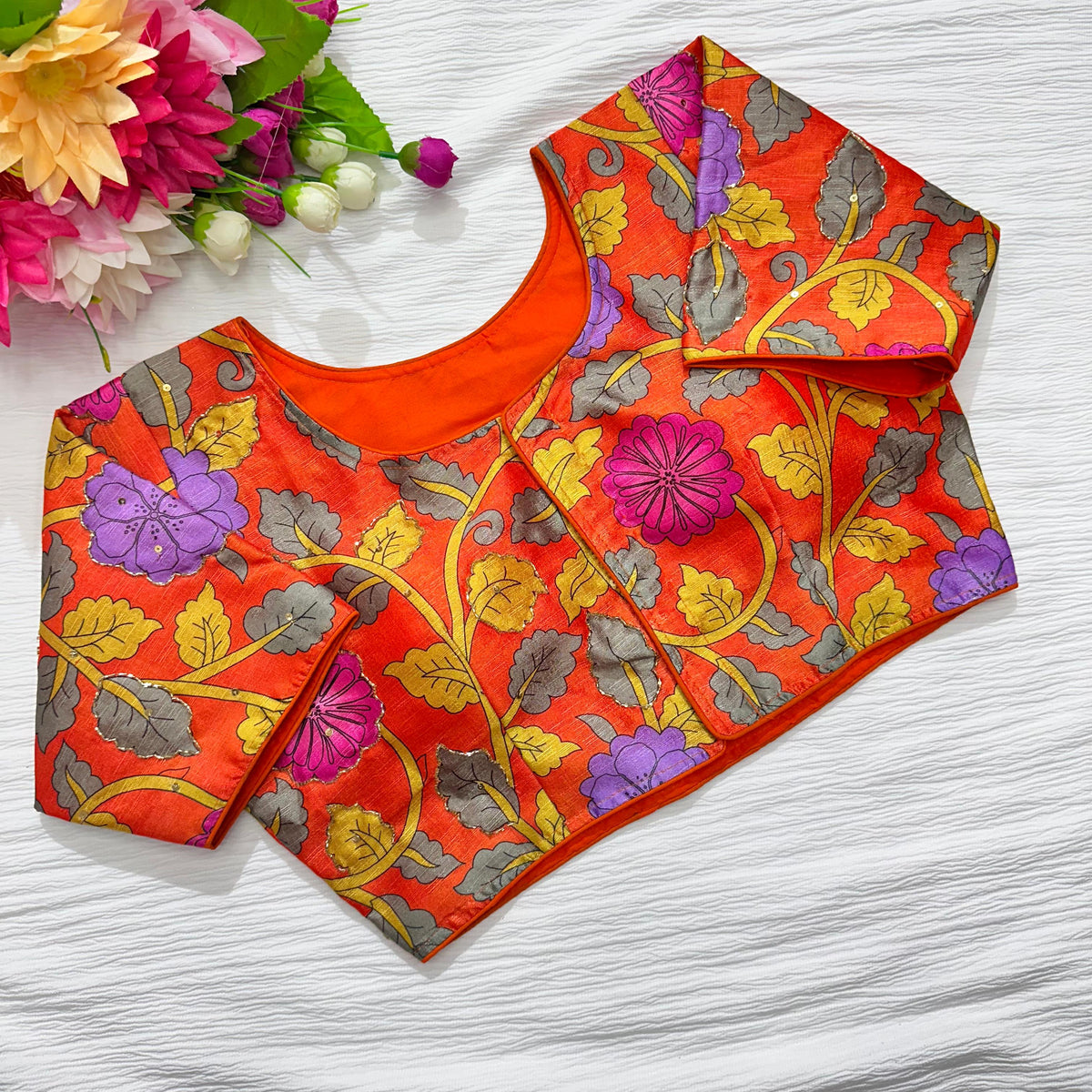 Orange Pure Silk Blouse with Antique Handcrafted Detailing ClothsVilla Main image