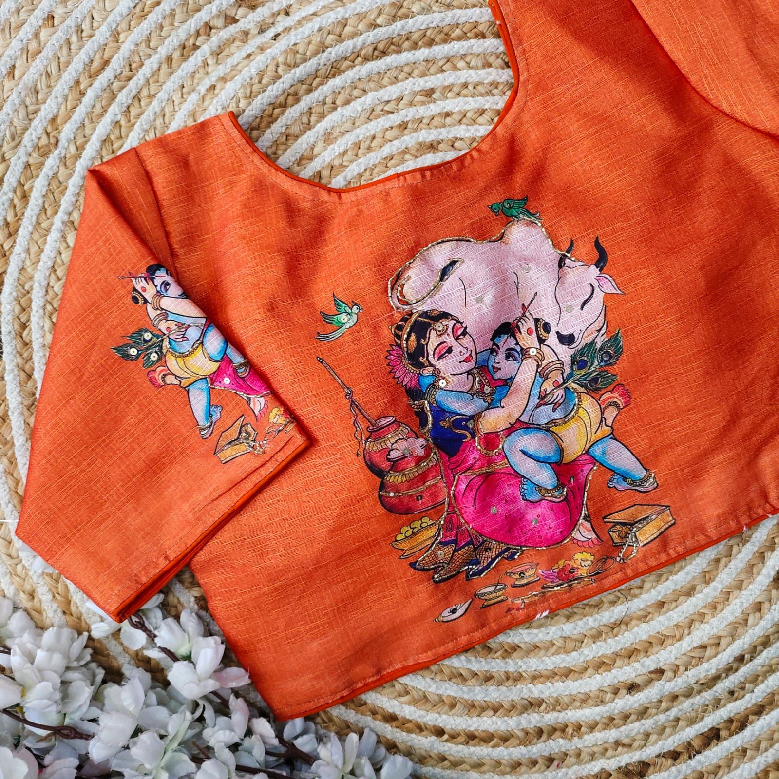 Orange Pure Silk Blouse with Antique Handcrafted Work ClothsVilla Main image