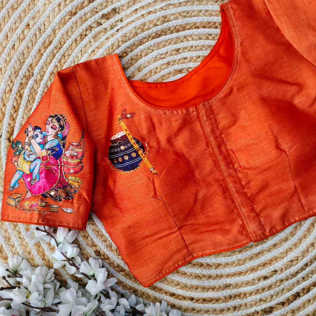 Orange Pure Silk Blouse with Antique Handcrafted Work ClothsVilla