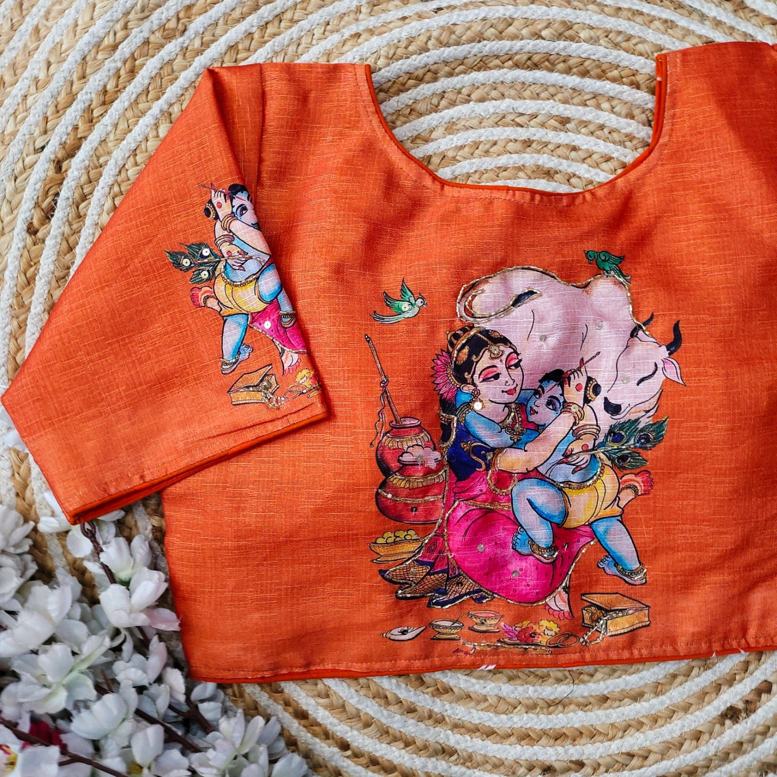Orange Pure Silk Blouse with Antique Handcrafted Work ClothsVilla
