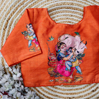 Orange Pure Silk Blouse with Antique Handcrafted Work ClothsVilla