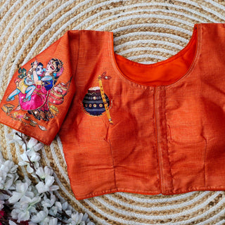 Orange Pure Silk Blouse with Antique Handcrafted Work ClothsVilla