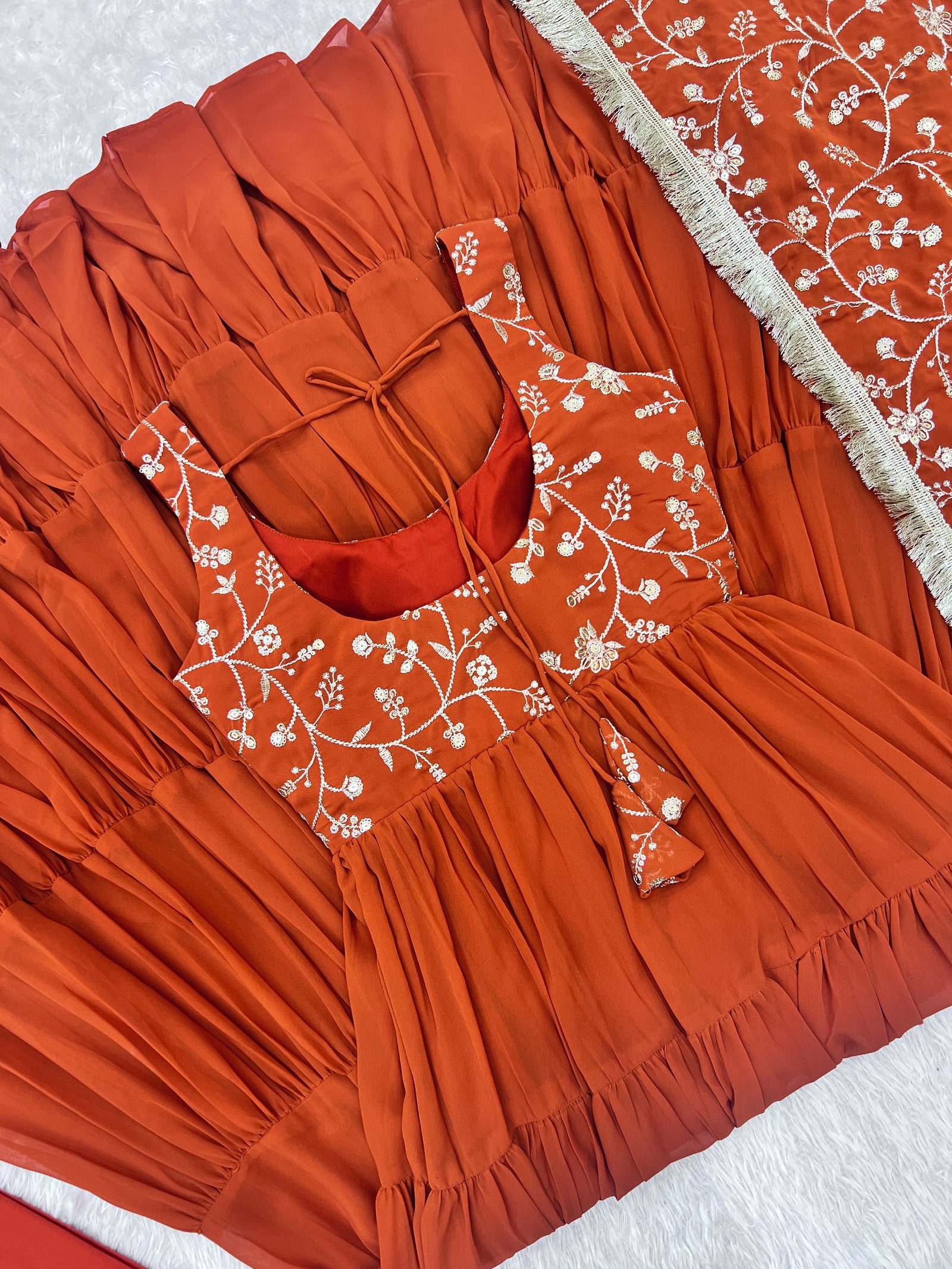 Orange Pure Soft Fox Georgette Anarkali Set with Dupatta & Pant