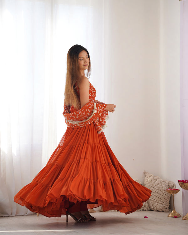 Orange Pure Soft Fox Georgette Anarkali Set with Dupatta & Pant