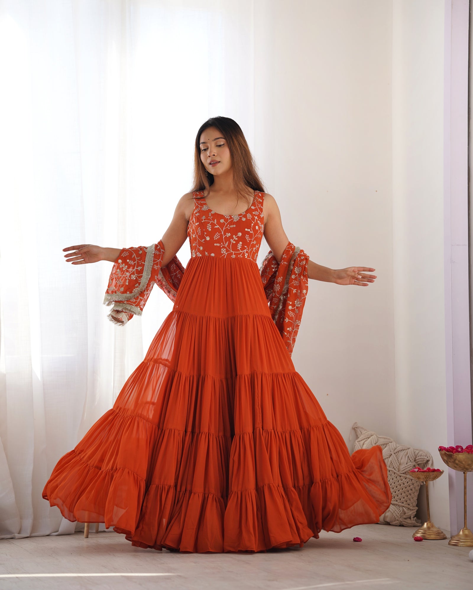 Orange Pure Soft Fox Georgette Anarkali Set with Dupatta & Pant