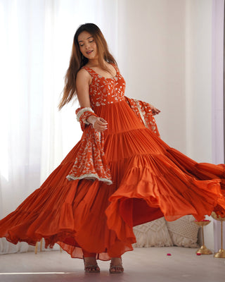 Orange Pure Soft Fox Georgette Anarkali Set with Dupatta & Pant