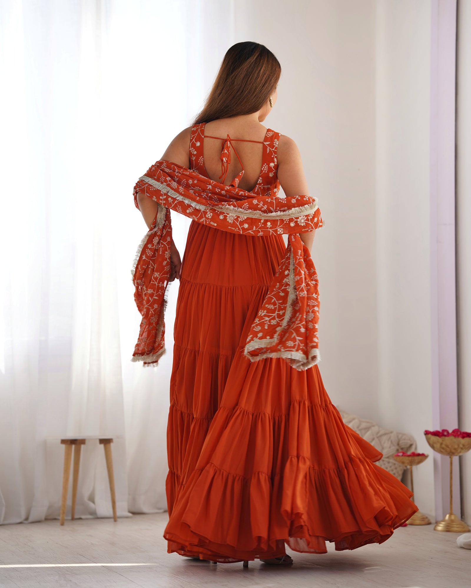 Orange Pure Soft Fox Georgette Anarkali Set with Dupatta & Pant