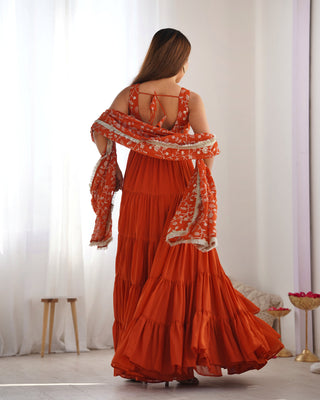 Orange Pure Soft Fox Georgette Anarkali Set with Dupatta & Pant
