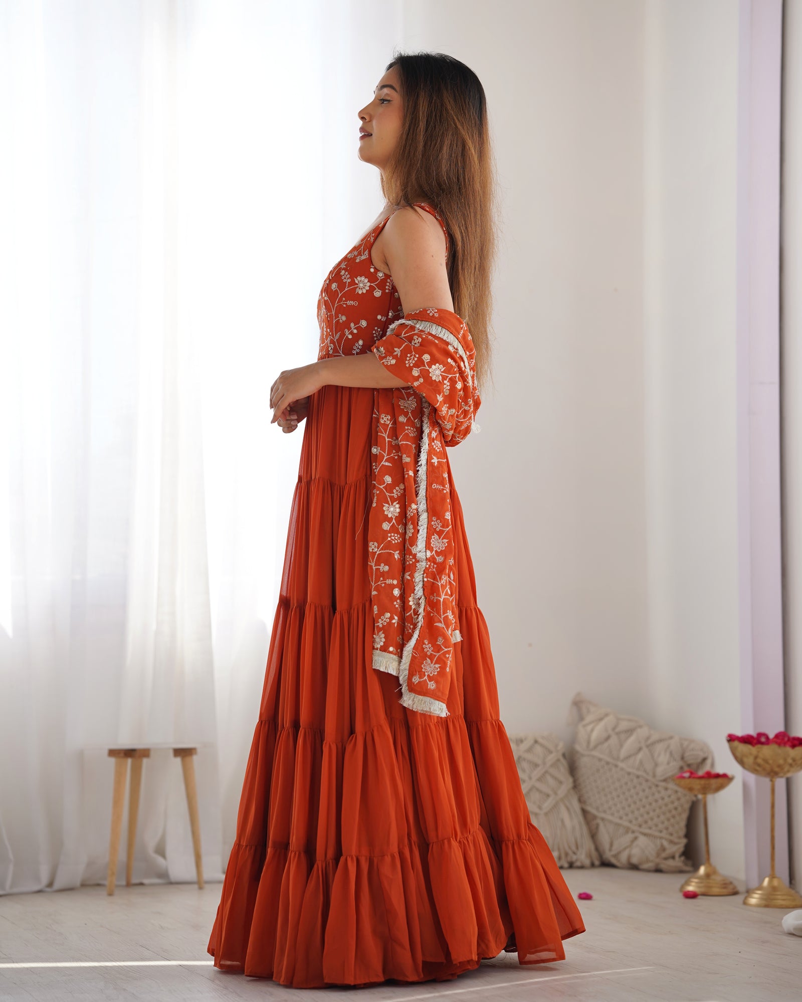 Orange Pure Soft Fox Georgette Anarkali Set with Dupatta & Pant