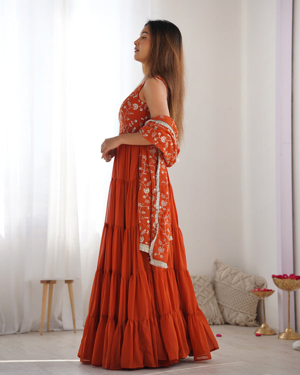 Orange Pure Soft Fox Georgette Anarkali Set with Dupatta & Pant