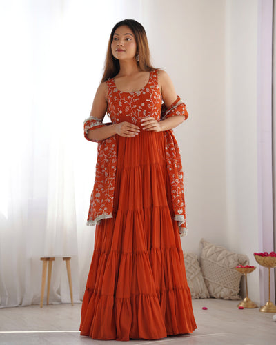 Orange Pure Soft Fox Georgette Anarkali Set with Dupatta & Pant