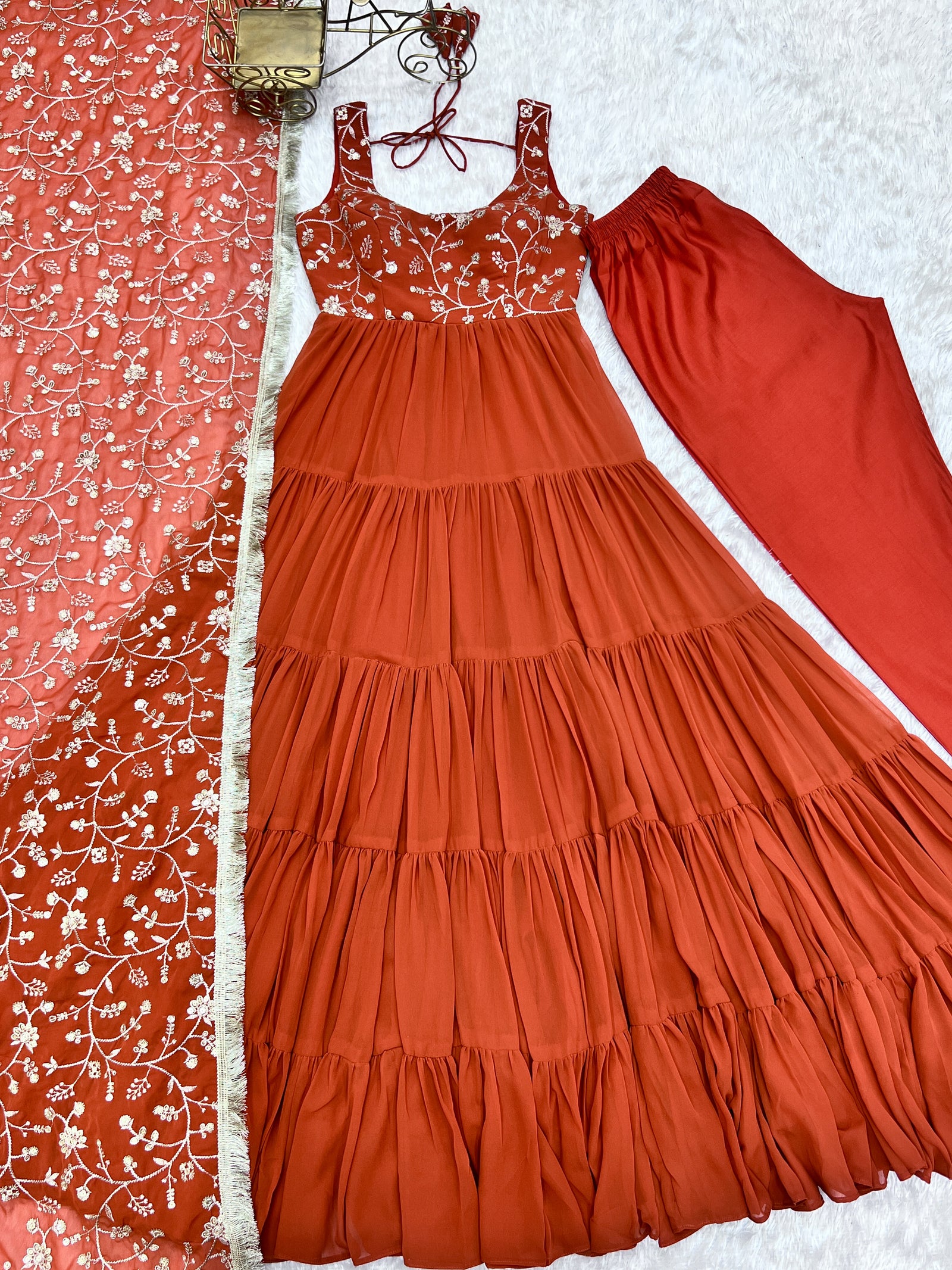 Orange Pure Soft Fox Georgette Anarkali Set with Dupatta & Pant