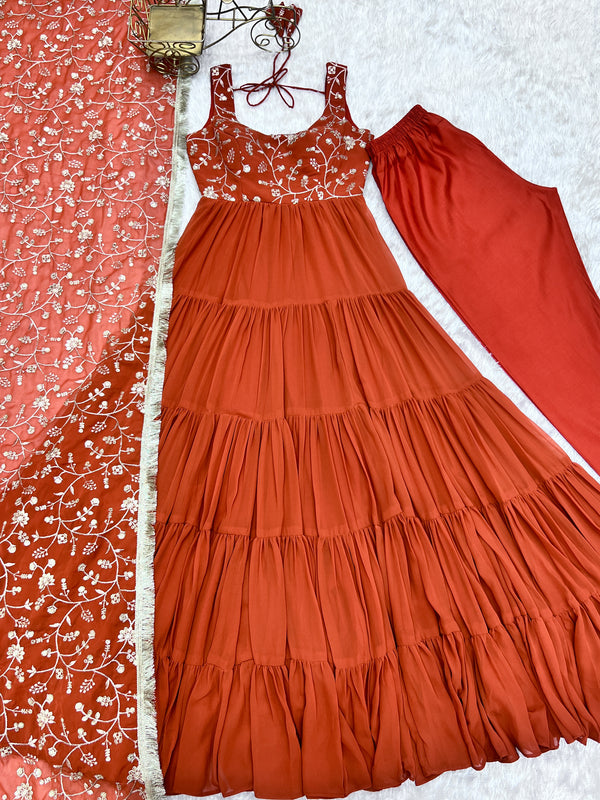 Orange Pure Soft Fox Georgette Anarkali Set with Dupatta & Pant