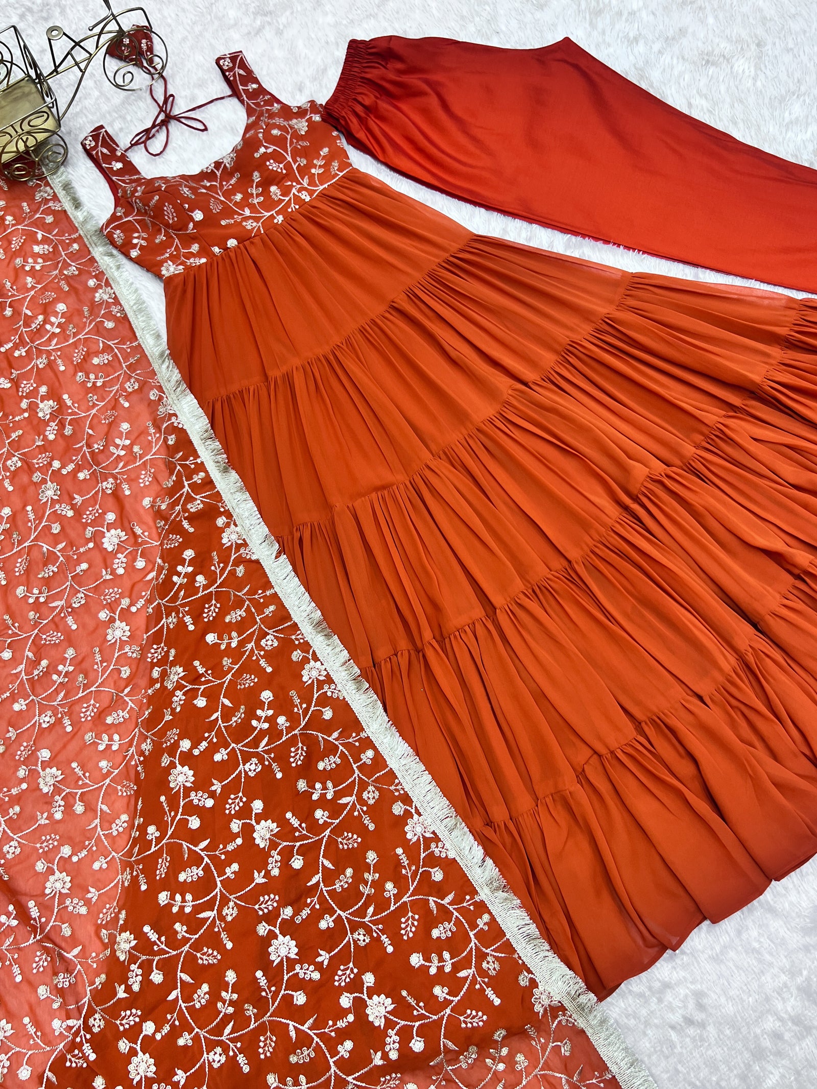 Orange Pure Soft Fox Georgette Anarkali Set with Dupatta & Pant