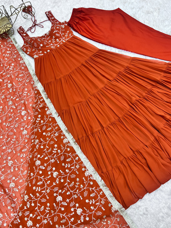 Orange Pure Soft Fox Georgette Anarkali Set with Dupatta & Pant